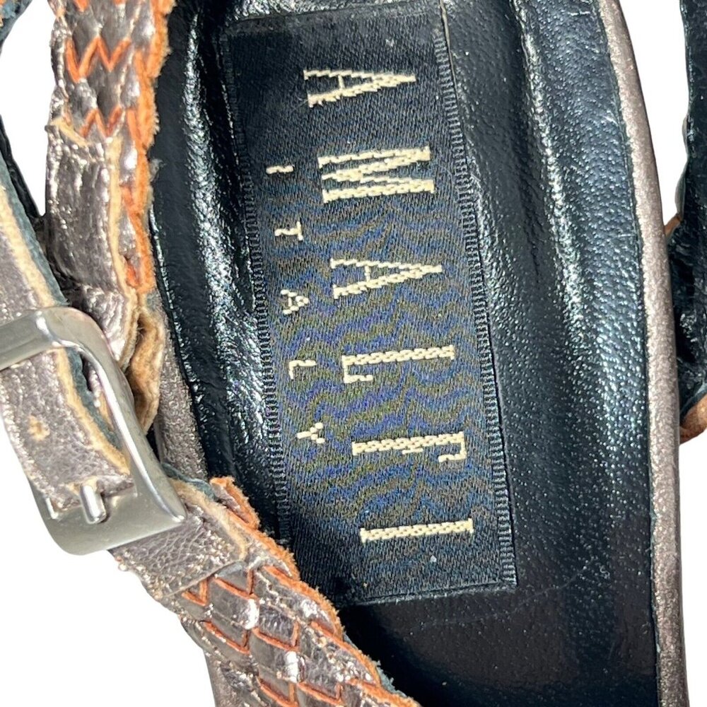 Amalfi Metallic Woven Leather Sandals Block Heel Italy Sz 7 B Strappy Open Toe - Picture 4 of 13